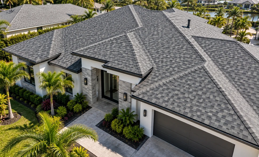 Dimensional gray architectural shingle roof on Florida luxury home