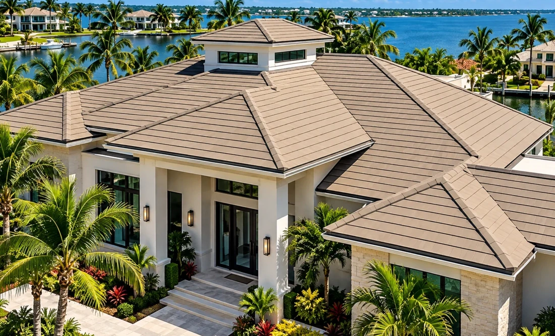 Flat concrete tile roof on a Florida waterfront home; concrete barrel and clay tile options are also offered
