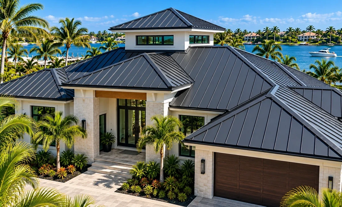 Charcoal standing seam metal roof on luxury Florida waterfront home