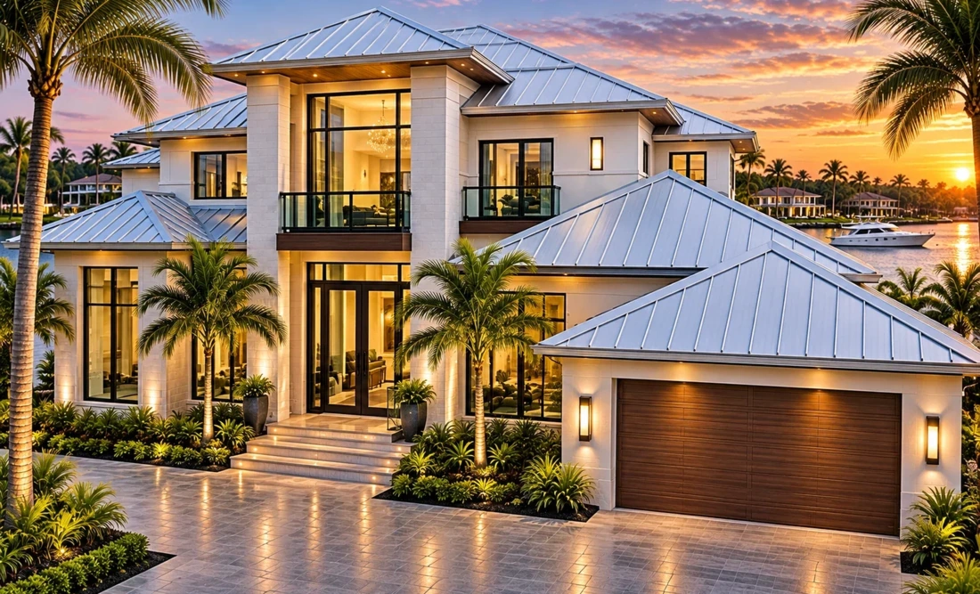 Silver standing seam aluminum roof on luxury Florida waterfront villa at sunset