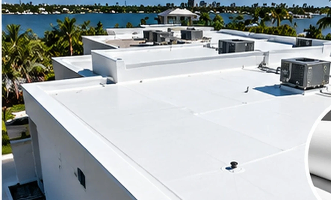 Illustrative white TPO-style single-ply roof with rooftop equipment; not a verified installation