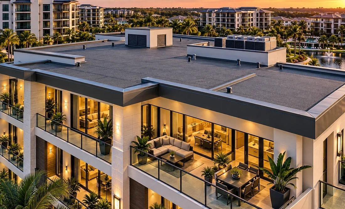 Base and cap sheet roofing on a Florida coastal condominium in balanced daylight