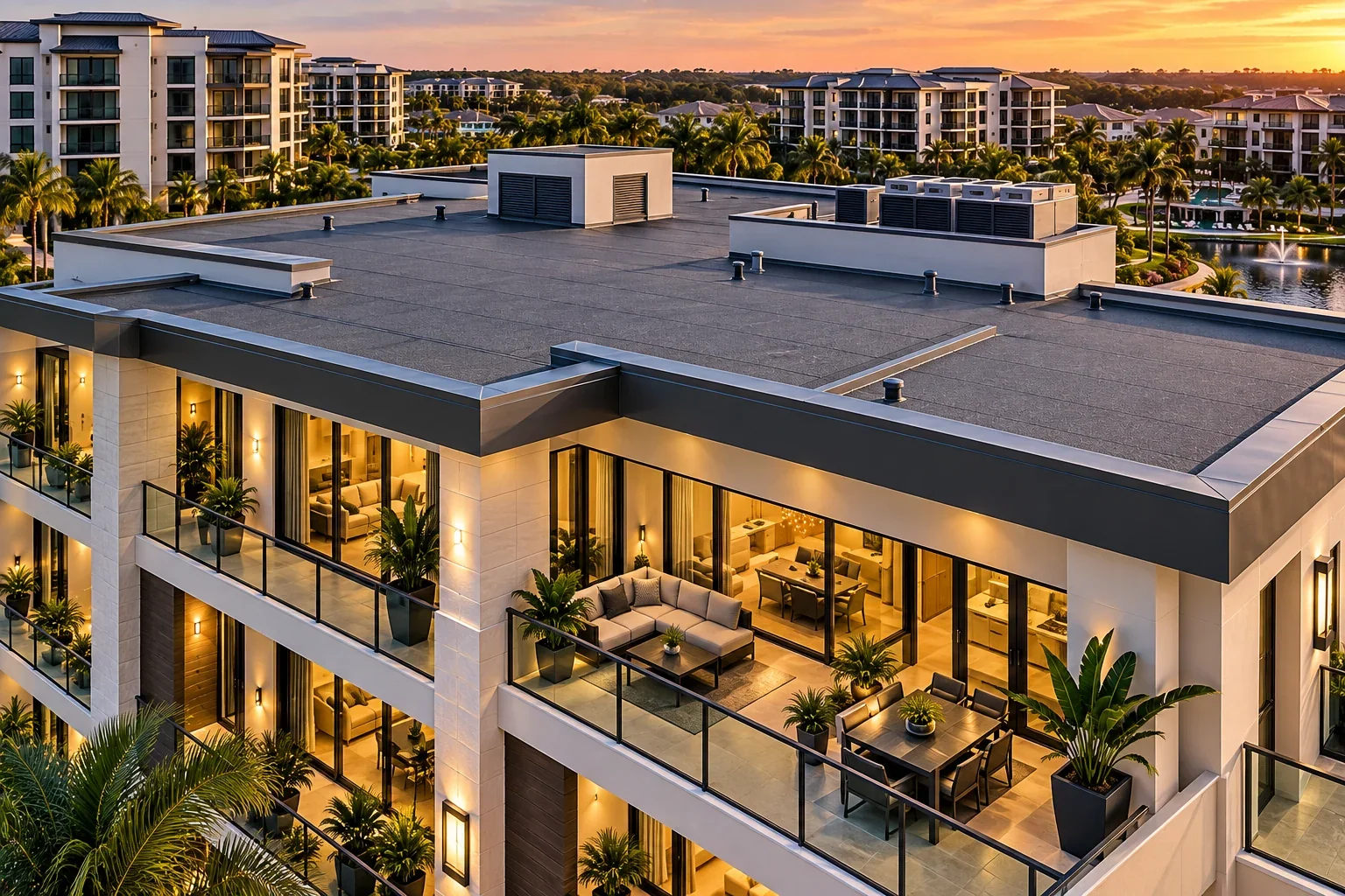Granular Base & Cap Sheet low slope roofing on luxury Florida condominium