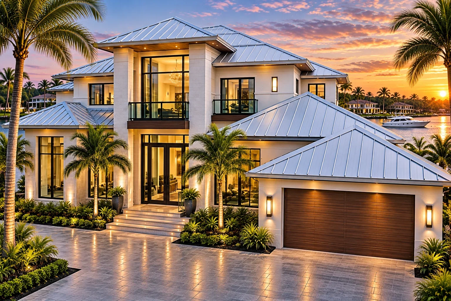Silver standing seam aluminum roof on luxury Florida waterfront villa at sunset