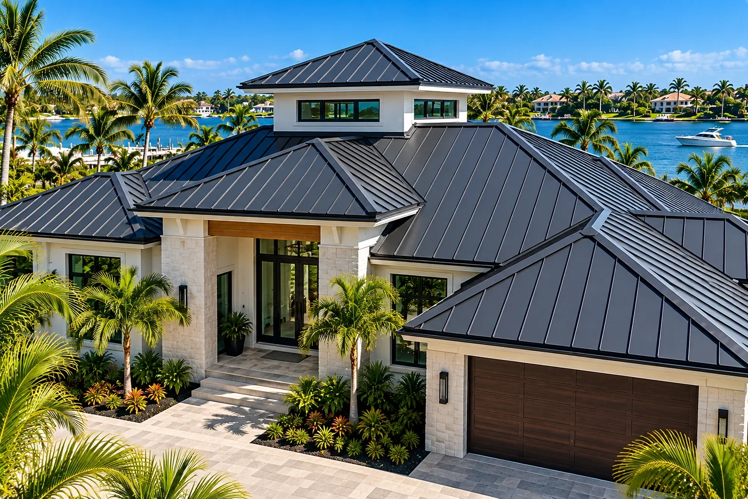 Charcoal standing seam metal roof on luxury Florida waterfront home