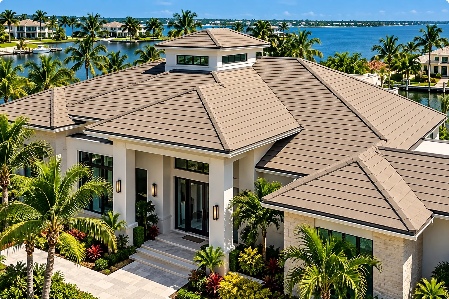 Flat concrete tile roof on a Florida waterfront home; concrete barrel and clay tile options are also offered