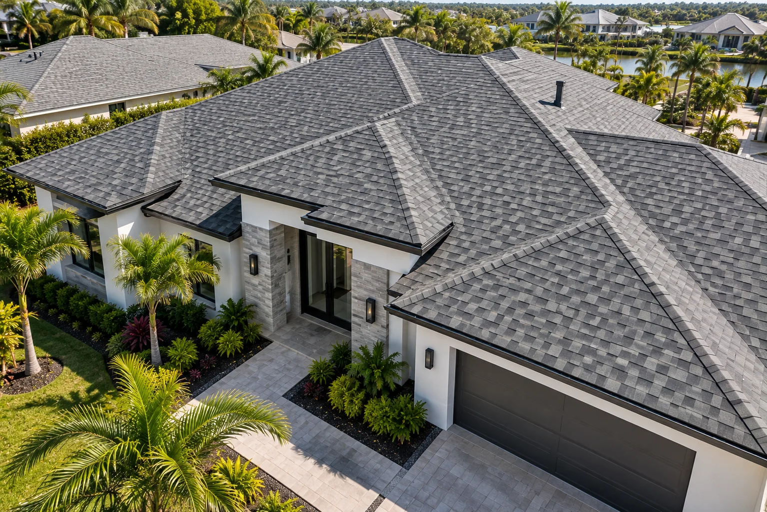 Gray architectural shingle roof on Florida luxury home